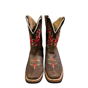 Woman Cowgirl Leather  Cowboy Boots Red Rose Floral Embroidery Square Toe 23.5